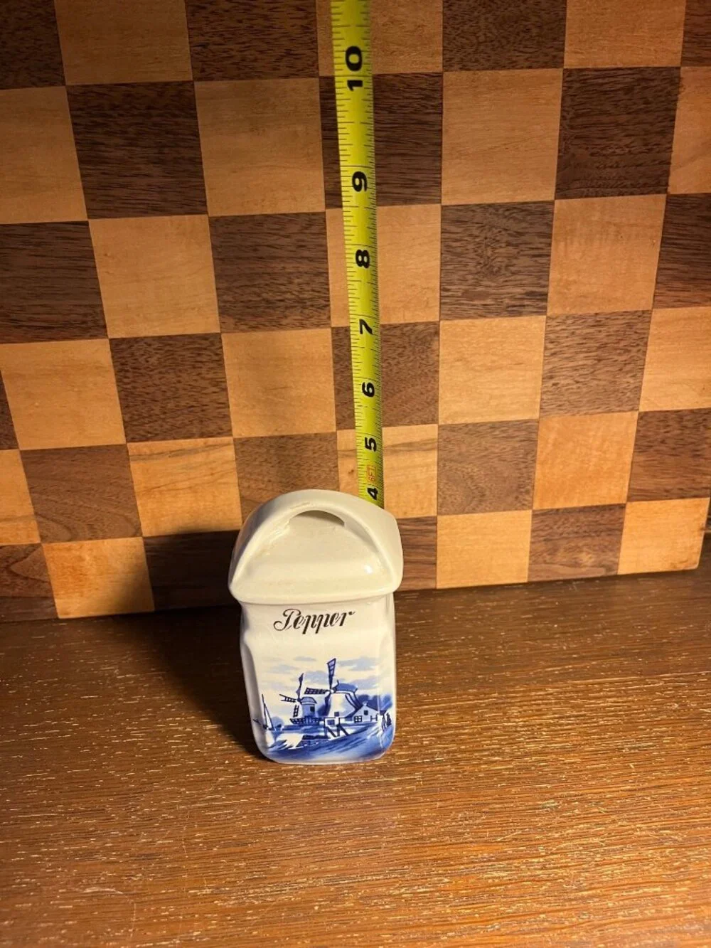 German Inga Delft Blue and White Pepper Canister A543, small chip on handle top